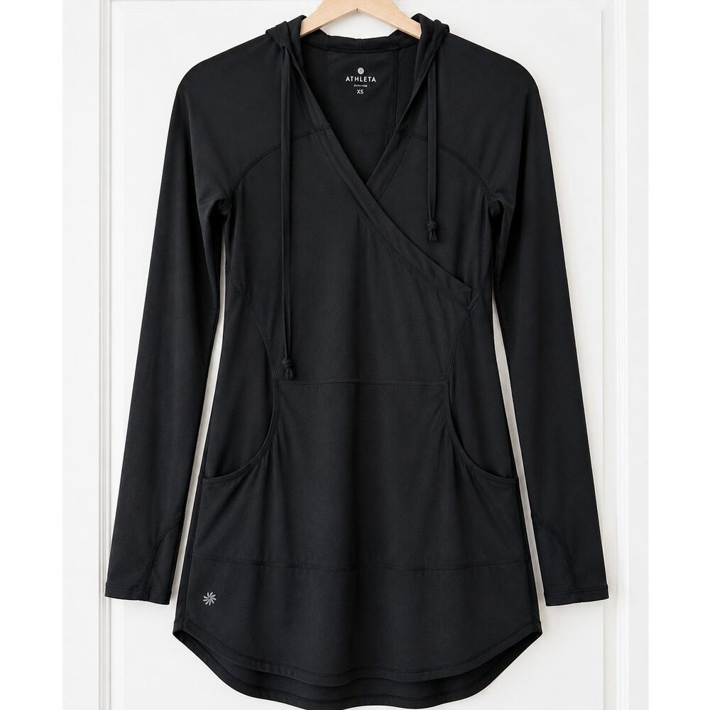 Athleta Black Hooded Long Sleeve Tunic Top XS Stretch Athletic Pullover